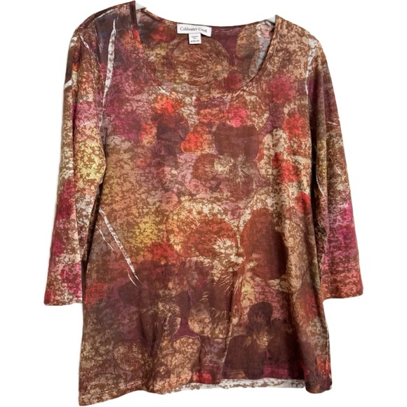 Coldwater Creek Shirt Size M Brown Abstract 3/4 Sleeve Stretch - Picture 1 of 13